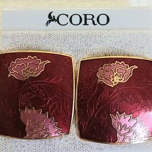 Vintage Coro Cloisonne Red Brass Earrings, signed,Large, mint, collectible